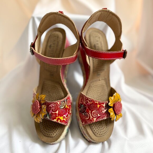 L'Artiste  Shoes - Annmarie Red Leather Wedge Sandals vibrant red